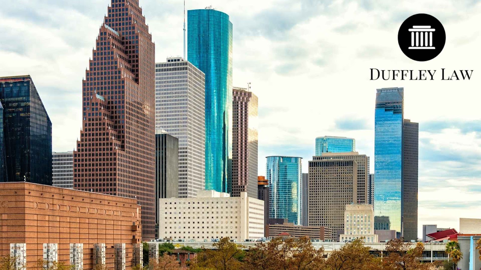 Skyline of Houston city with Duffley Law logo.