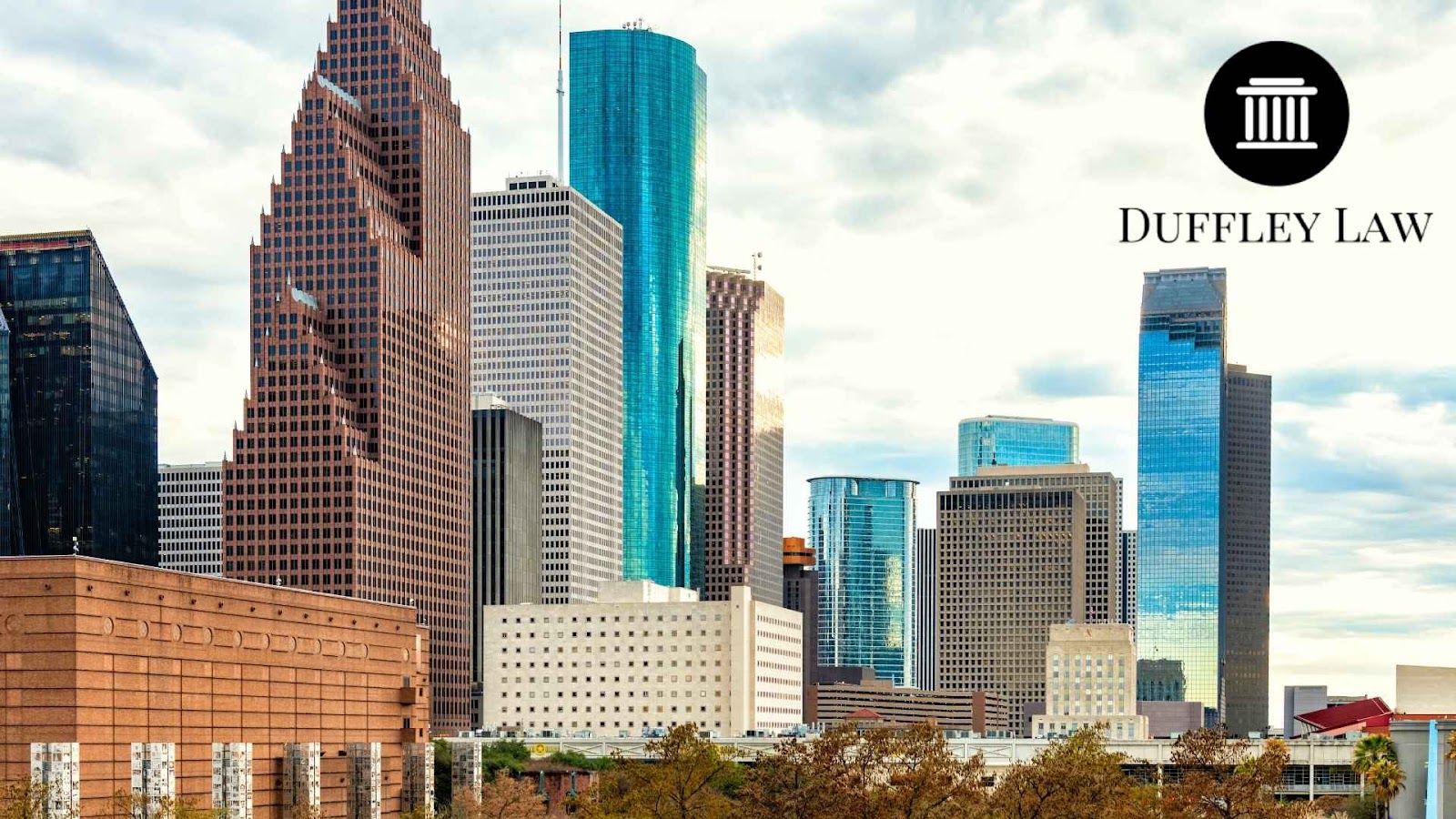 Houston skyline with Duffley Law logo