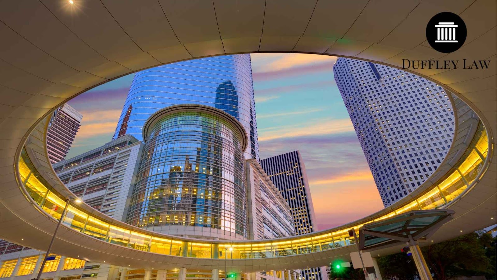 Modern houston skyscrapers at sunset, Duffley Law building view.