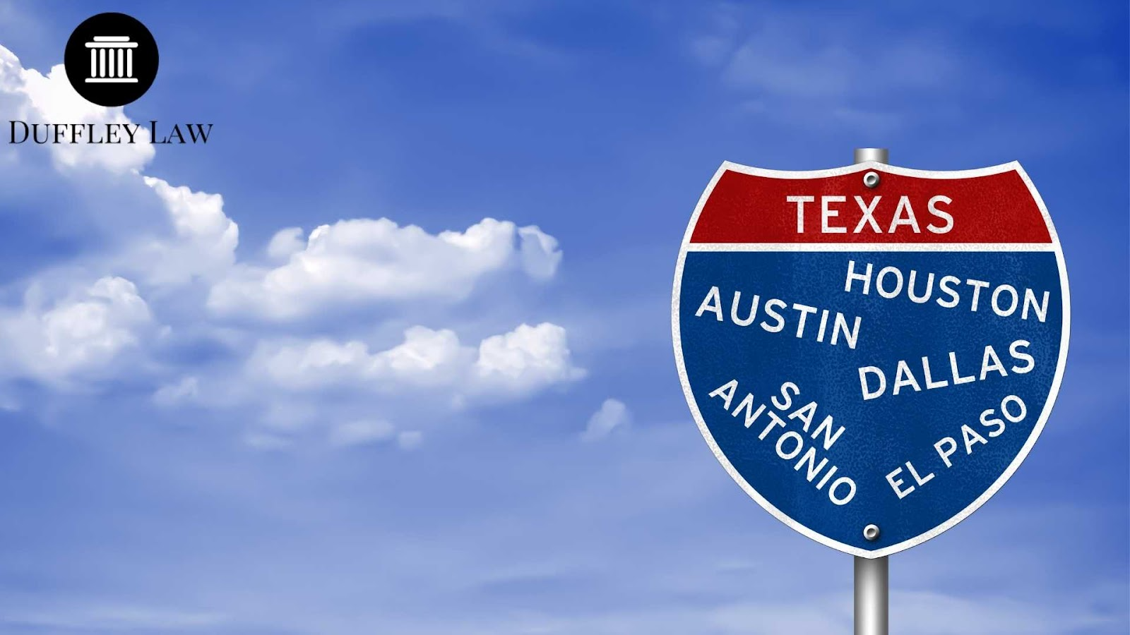 Texas highway sign with city names and clouds