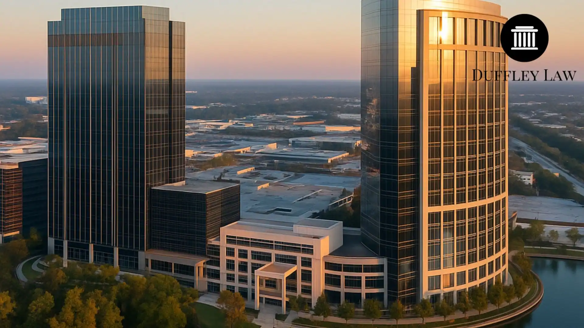 A picture of a skyscraper in the woodlands, similar to the one that the Duffley Law firm is located in.