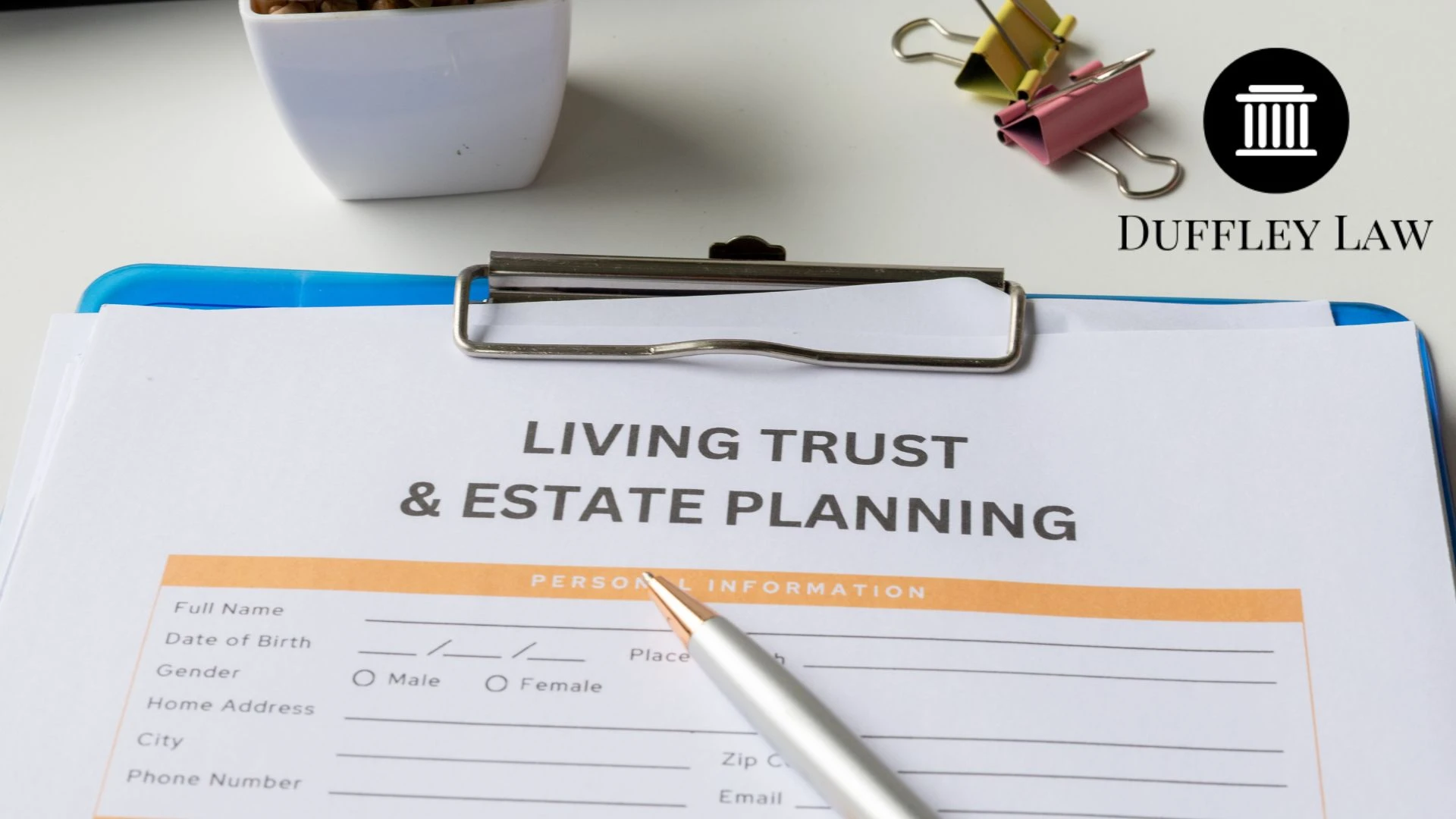 Living trust and estate planning document on clipboard