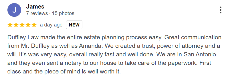 Five-star review praising Duffley Law estate planning services.