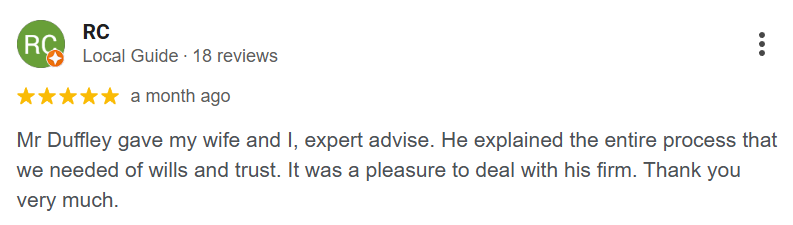 Five-star review praising legal advice on wills and trusts.
