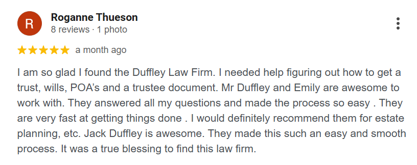 Positive client review for Duffley Law Firm