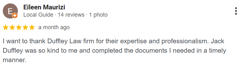 Five-star review praising Duffley Law firm professionalism