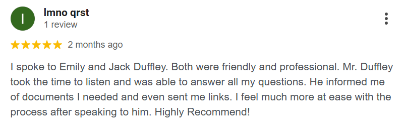 Five-star customer review praising friendly professional service.