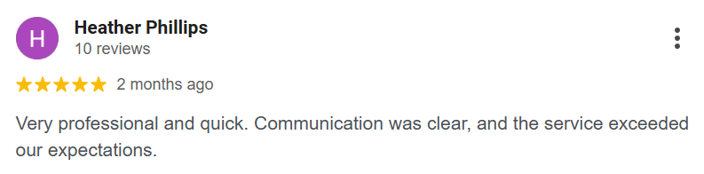 Five-star customer review praising professional and quick service.