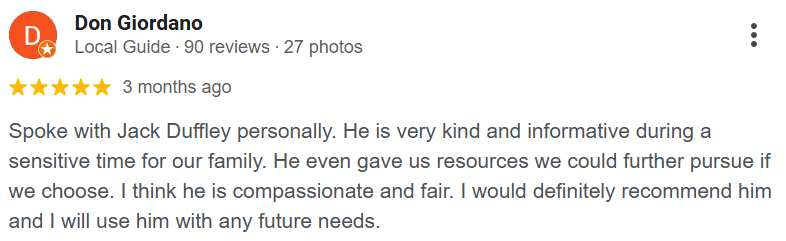 Five-star customer review praising Jack Duffley’s compassion and fairness