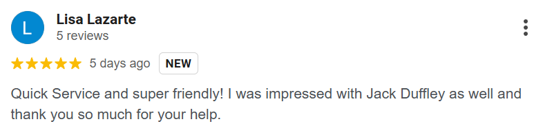 Five-star customer review praising quick and friendly service.