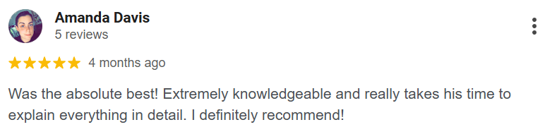 Five-star customer review praising knowledgeable service