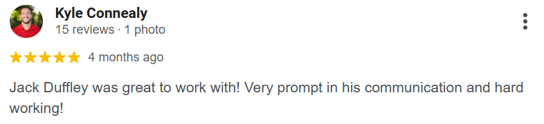 Five-star review praising Jack Duffley for great work