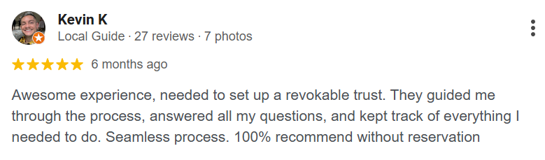 Five-star review praising revocable trust setup service