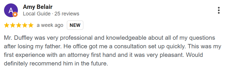 Five-star attorney review praising professionalism and compassion