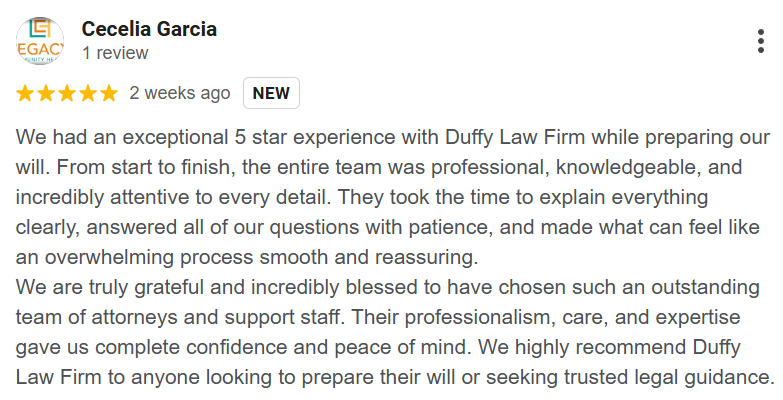 Five-star client review for Duffy Law Firm services
