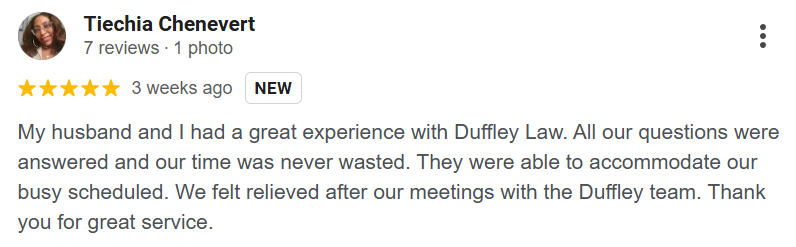 Positive client review for Duffley Law services