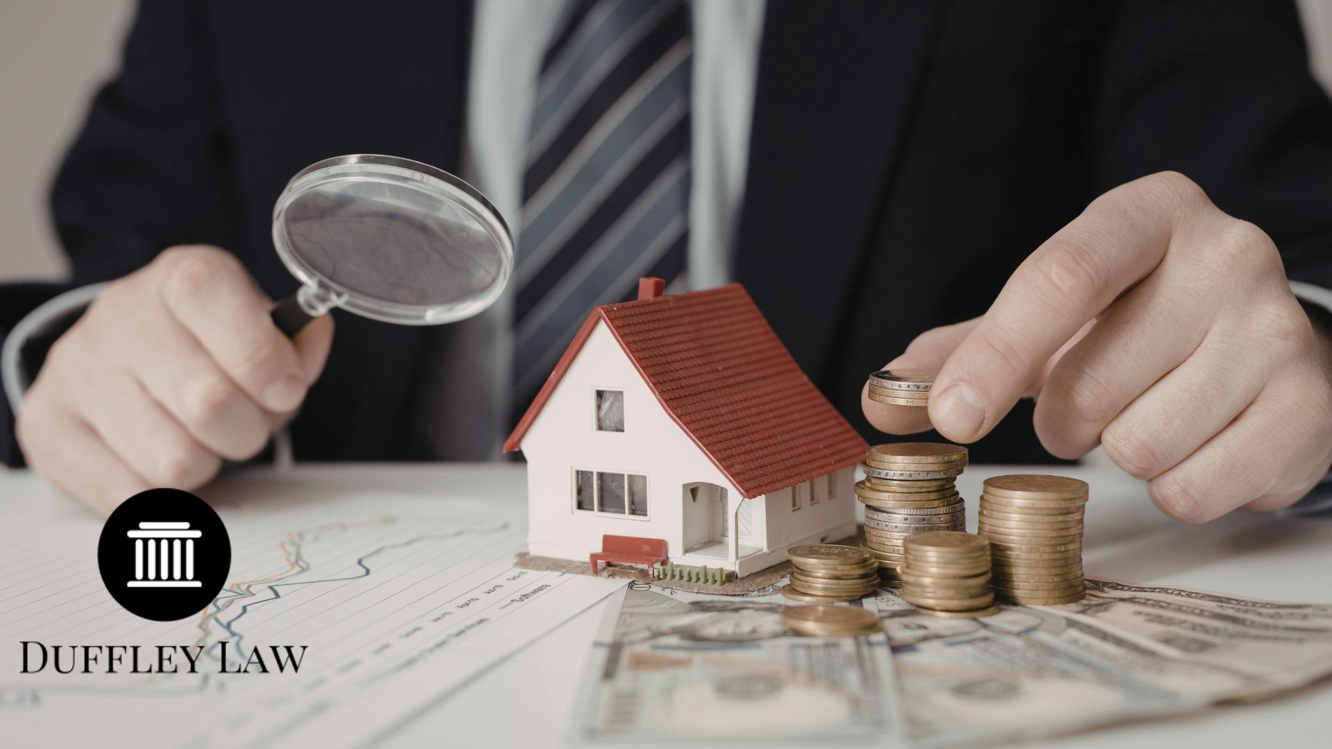 Model house, coins, magnifying glass, chart signifying mainating texas estate plan