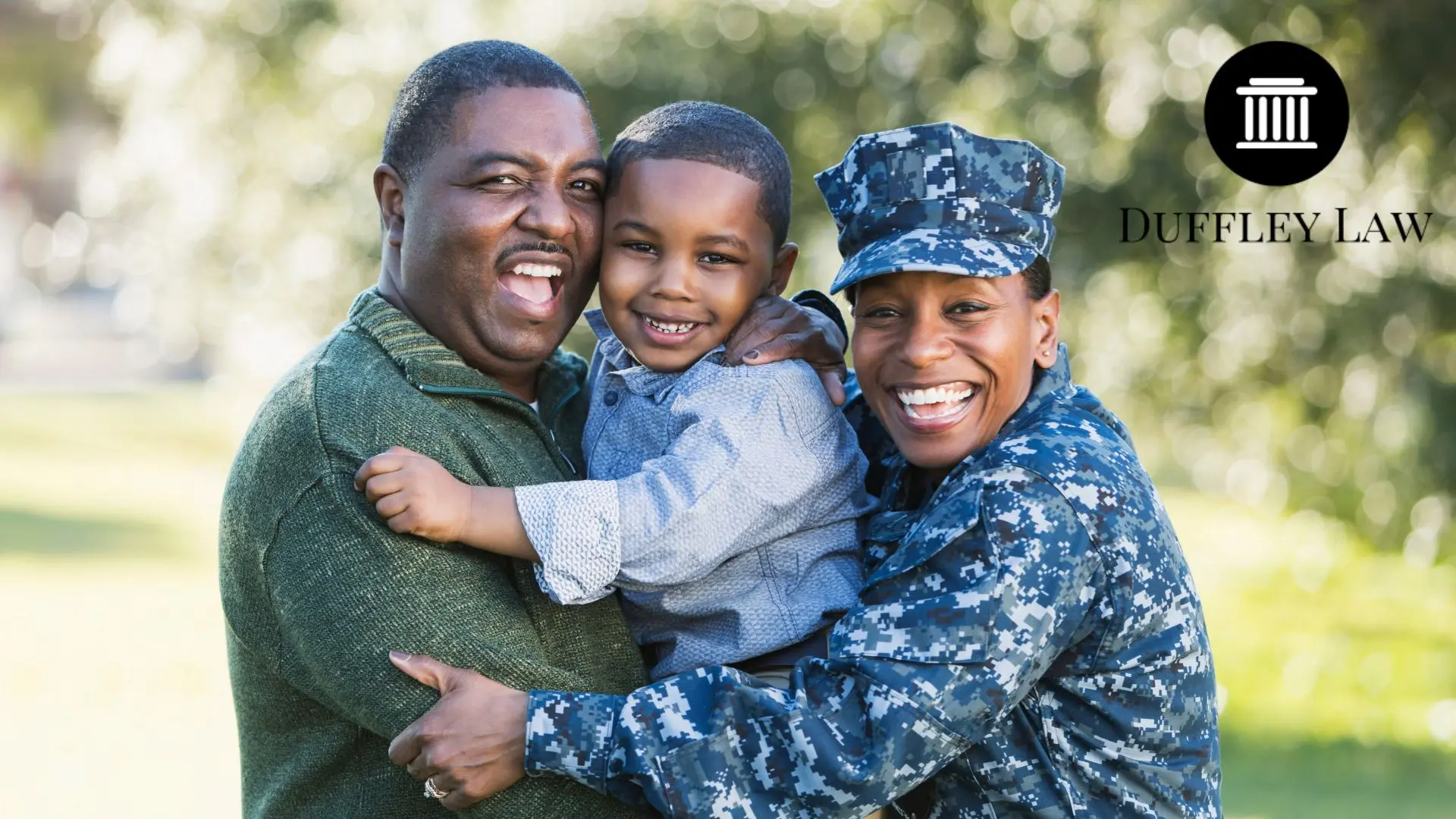 Smiling military mother with family outdoors