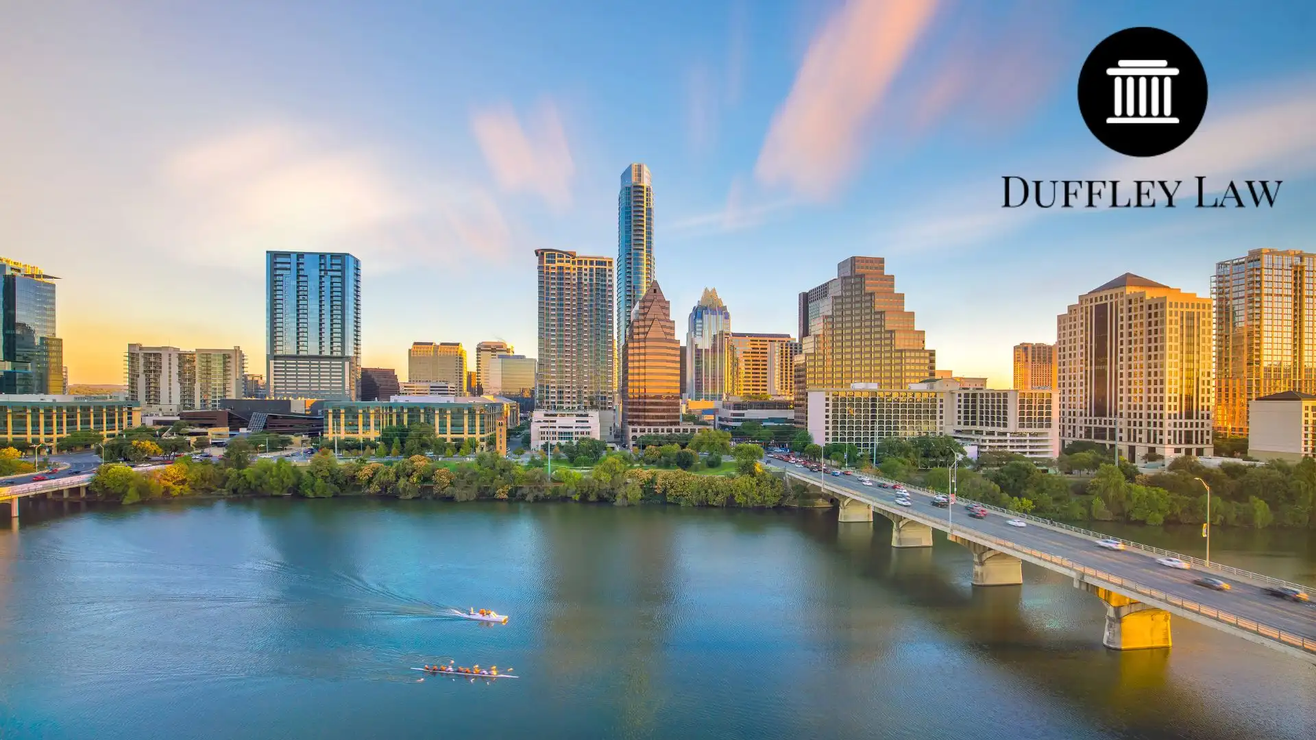 Austin skyline at sunset over river and bridge