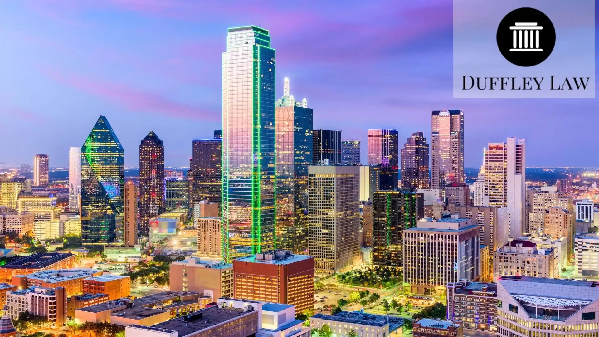Dallas skyline at dusk with Duffley Law logo