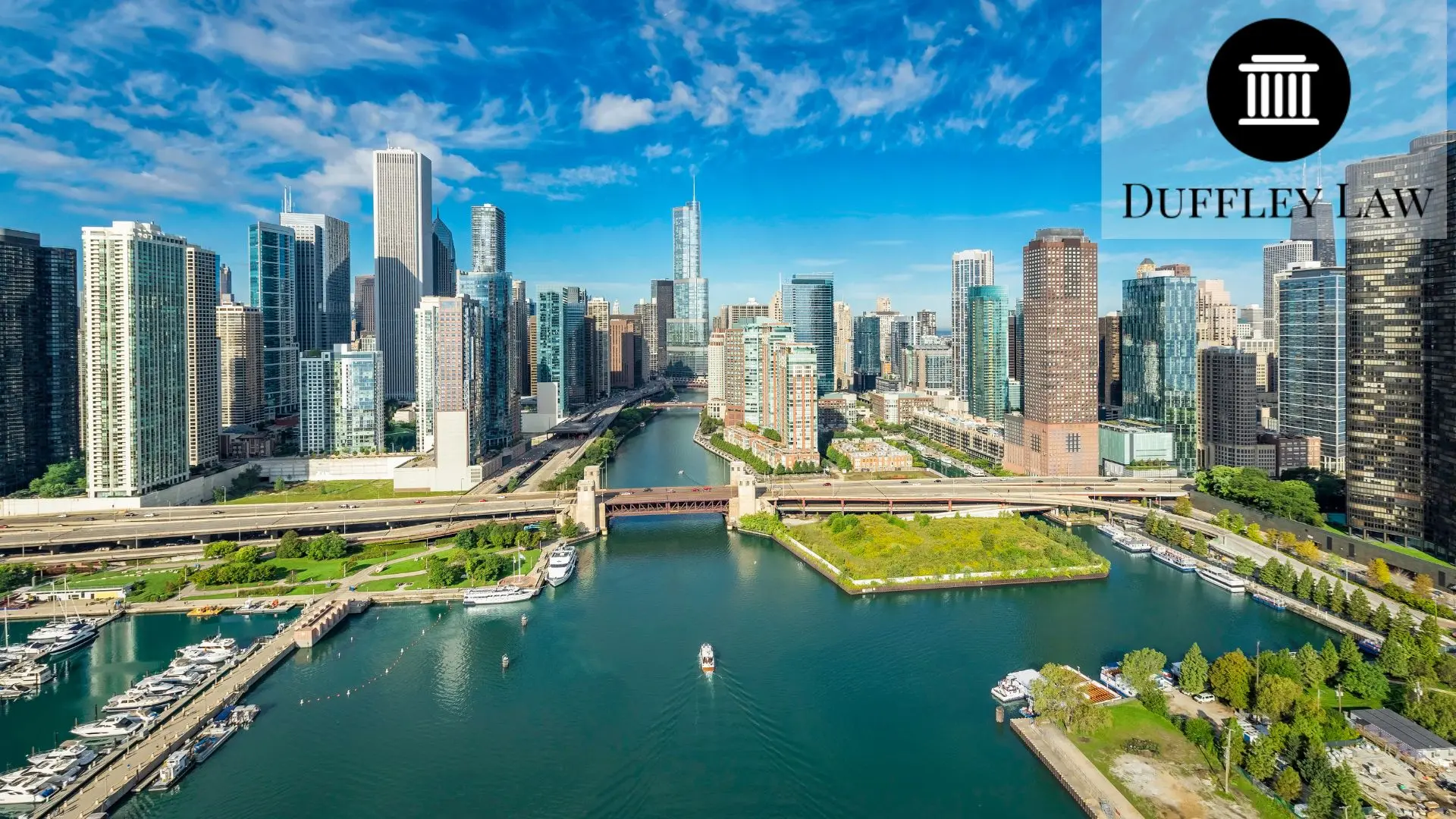 Chicago skyline over river with boats and bridges